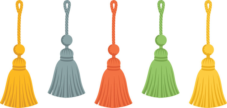 Set of colorful decorative tassels, isolated vector illustration elements for home decor, fashion and textile design