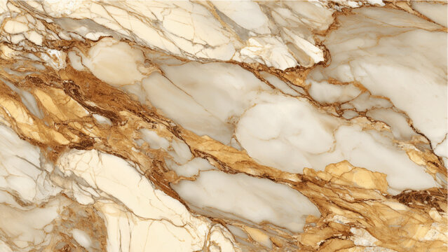 A striking close up view of a white marble slab with bold flowing golden veins and patterns