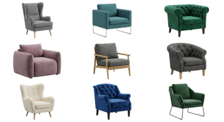 Collection of Various Armchairs and Accent Chairs on White Background