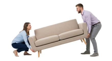 Couple carrying sofa, moving house concept, isolated on white background