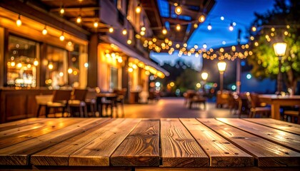 Wooden Table at Outdoor Restaurant with Evening Lights and Ambience.