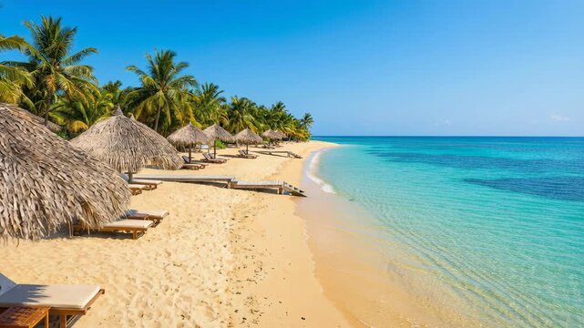 Idyllic Tropical Beach Scene with Palm Trees and Turquoise Water Under a Clear Blue Sky