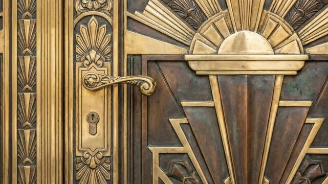 Intricate Golden Art Deco Doorway with Sunburst Motifs and Ornate Handle Detailed CloseUp Architectural Element