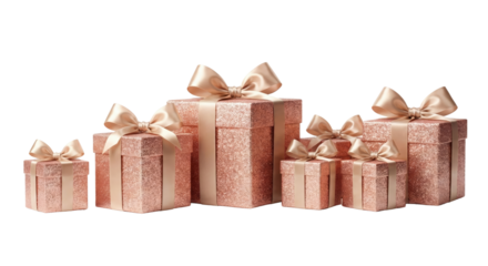 Rose Gold Glitter Gift Boxes with Satin Bows on White Background