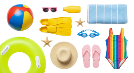 Summer Beach Vacation Essentials Flat Lay - Swimsuit, Floatie, Goggles, Flippers, Ball