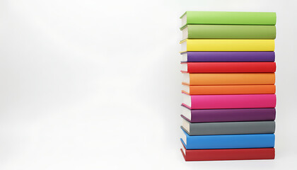 A stack of colorful books arranged vertically on a white background