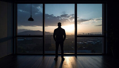 Fototapeta premium Silhouette man person standing near a window, back view, face not visible, soft morning light or sunset, minimal interior, natural lifestyle photography, depression and loneliness concept.