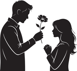 Romantic silhouette of a man giving a rose to a womanPrint