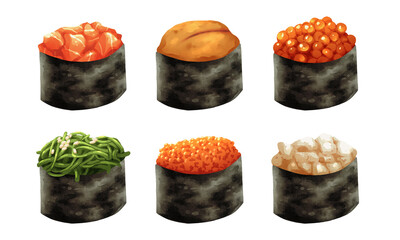 Premium realistic hand-drawn watercolor illustration set of Japanese Gunkan Maki or battleship sushi. Featuring salmon, uni or sea urchin, salmon roe, wakame, tobiko and scallop wrapped in seaweed.
