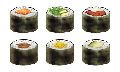 Premium realistic hand-drawn watercolor illustration set of Japanese Hosomaki or thin sushi rolls. Featuring salmon, wakame, tuna, tamago and saba wrapped in nori seaweed. Transparency background.