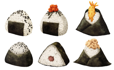 Premium realistic hand-drawn watercolor illustration set of Japanese Onigiri rice balls. Featuring pickled plum or umeboshi, shrimp tempura or tenmusu, spicy cod roe  or mentaiko and tuna mayo.