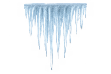 Group of sharp transparent icicles hanging down, creating a frosty winter scene against a clean background
