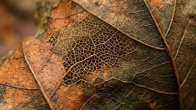 Macro Close Up Of A Dry Autumn Leaf Revealing Intricate Vein Patterns And Textures In Warm Earth Tones With Soft Natural Lighting
