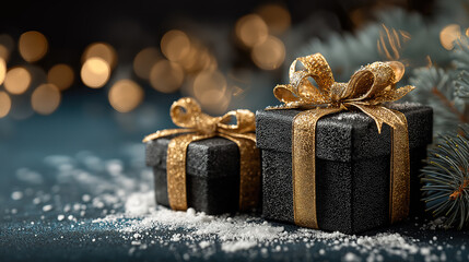 Elegant black gift boxes with golden bows for christmas sales and festive retail banners