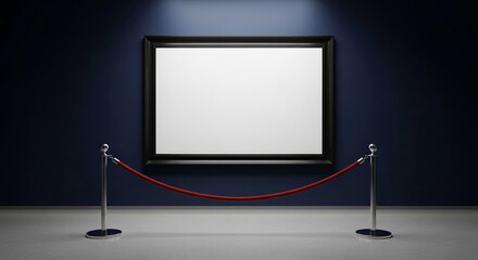 Blank square frame with dark border, showcased on a navy blue wall, rope barrier included, representing gallery exhibit or art presentation, ideal for mockup
