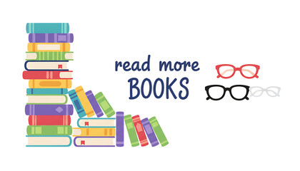 Colorful illustration of stacked books with reading encouragement and eyeglasses nearby