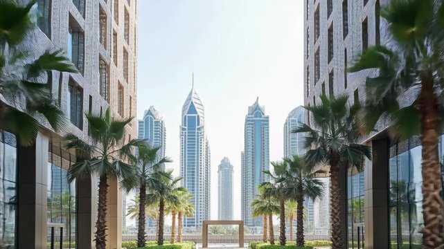 Modern Architectural Facade With Intricate Geometric Patterns And Reflective Glass Windows Flanked By Palm Trees In A Bright Urban Setting