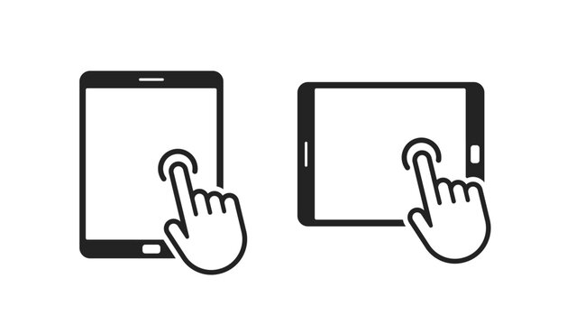 Tablet with hand, finger clicking icon. Finger tap touch screen icon. Hand with finger click tablet icons.