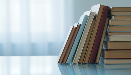 A stack of books on a table in a room with a window
