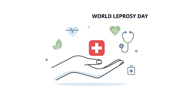 World Leprosy Day Awareness Illustration with Caring Hand Holding Medical Cross and Healthcare Icons