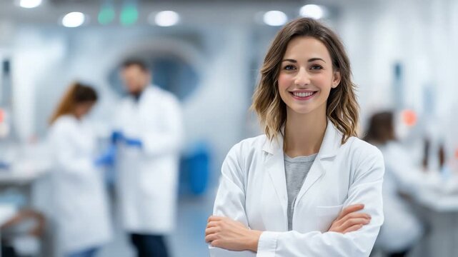 A confident young female scientist stands in a modern laboratory, wearing a white lab coat and smiling