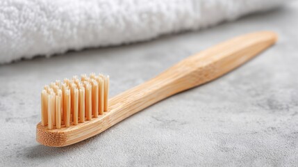 a wooden toothbrush sitting on a counter next to a towel