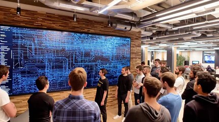 Tech Startup Presentation Business Meeting Innovation Conference Seminar Workshop Teamwork Collaboration Modern Office Workspace Technology Digital Code Background Coding Developers Programmers