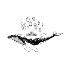 Detailed illustration of a whale carrying a city with jellyfish and lanterns above it in black and white © Shazia