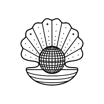 Stylized seashell with a globe inside, outlined in black and white, with dot and star accents decoratively 100
