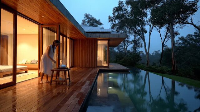 Woman walking on deck beside pool. Modern house with glass doors. Architecture shows wood cladding and clean lines. Evening light and reflection on water create relaxation lifestyle. Quiet setting.