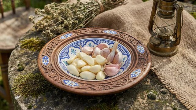 Rustic outdoor table with a decorative wooden bowl filled with peeled garlic cloves and whole garlic bulbs beside dried herbs and an