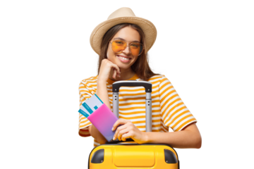 Happy young woman leaning on yellow suitcase holding passport and tickets ready for vacation departure