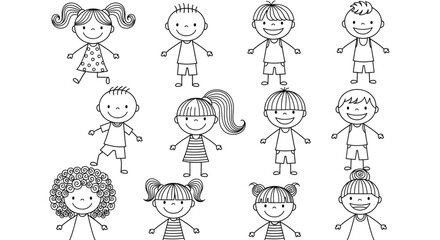 Joyful Diverse Stick Figure Children Group Smiling. Playful Kids Doodle Drawing for Education, School, Childcare Design.
