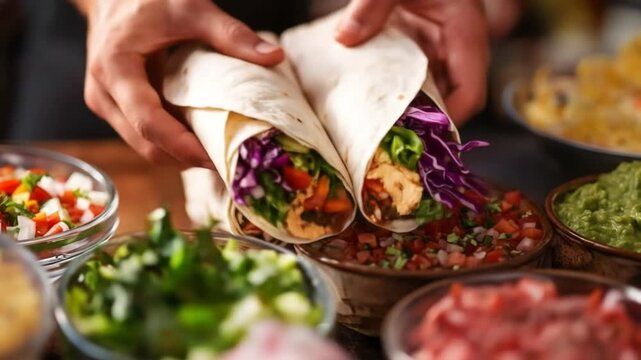 Chef prepares fresh burritos with colorful fillings for a culinary presentation