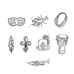 Mardi Gras inspired illustration bundle. 8 individual vector files including a mask, crawfish, beads, feather, icon, hat, drum and trumpet. © Amelia