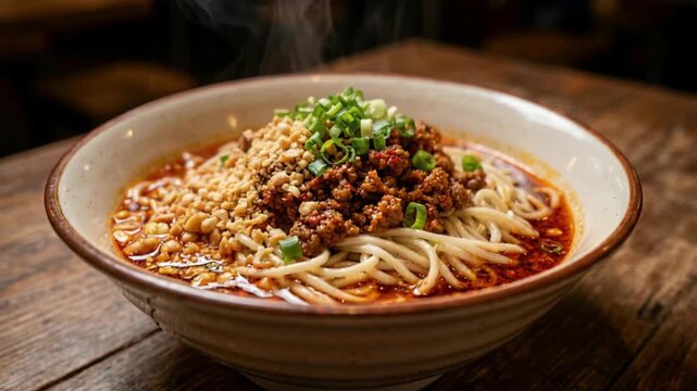 Steaming Bowl of Savory Dan Dan Noodles with Minced Pork Toppings and Green Onions on a Rustic Wooden Table