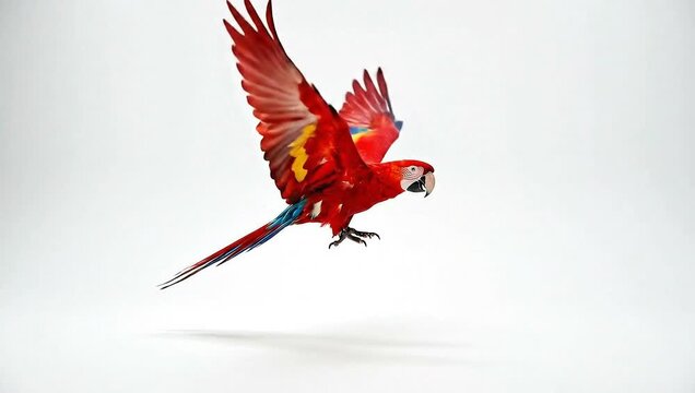 Vibrant red macaw parrot in graceful flight, wings extended, captured against a clean white studio background with bright, even lighting.