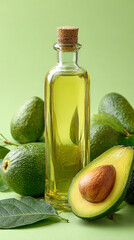 Glass bottle of avocado oil surrounded by fresh whole and halved avocados with leaves on green background. Natural healthy fat concept for cooking, skincare, cosmetics, nutrition