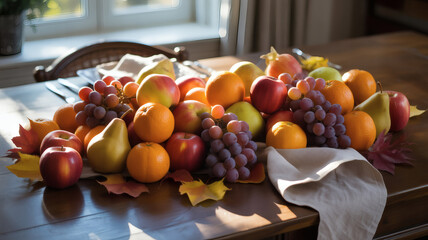 Abundant autumn harvest still life display of fresh seasonal fruits including apples oranges grapes pears and leaves