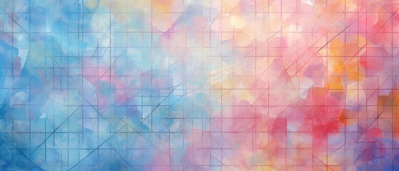 Pastel abstract grid background with blue pink orange and yellow watercolor brushstrokes