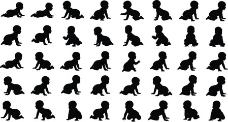 Obraz premium Collection of baby crawling silhouettes, infant movement poses, toddler development growth stages, newborn learning to crawl vector illustration set, child activity milestone artwork design