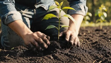 Close-up of a person's hands gently planting a young green seedling into rich dark soil outdoors under warm natural sunlight.