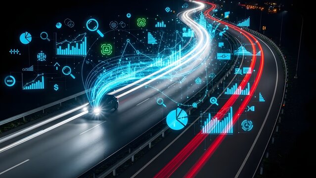 Futuristic highway with glowing data visualization graphics - Powered by Adobe