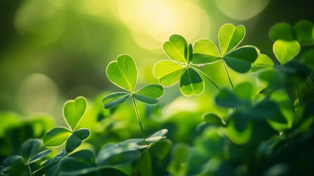 Close up of green clovers with sunlight and bokeh background