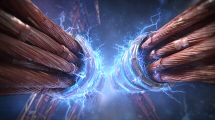 Two thick insulated copper cable ends crackling with intense blue electricity and sparks, representing power transmission and energy flow.