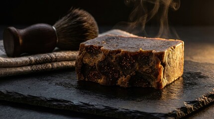 Steaming artisanal soap block with shaving brush on slate