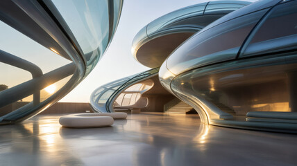 Modern organic architecture with glass curves and fluid shapes during warm golden hour light rays