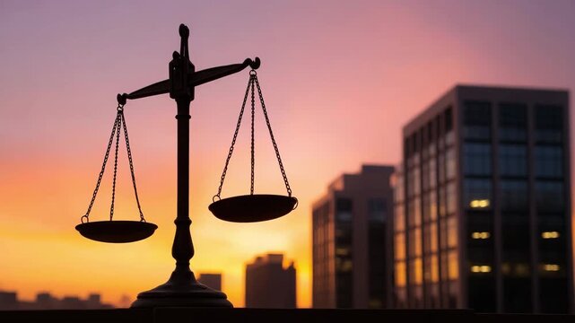 Justice Scales at Sunset, representing law, fairness, balance