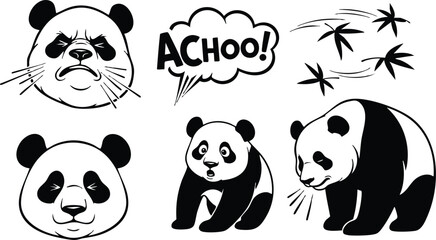 Line art close up panda faces and sitting and standing pandas sneezing with achoo speech bubble and bamboo leaves black and white sticker sheet layout cute