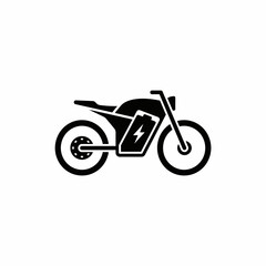 Obraz premium Black silhouette icon of a modern electric motorcycle with a prominent battery symbol, representing eco-friendly and sustainable urban transport.